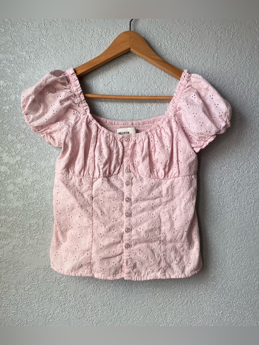 Hollister Soft Pink Eyelet Square-Neck Puff Sleeve Top